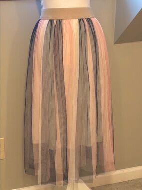 Studio West Pleated Tulle Maxi Skirt - Pink, White, Blue stripes